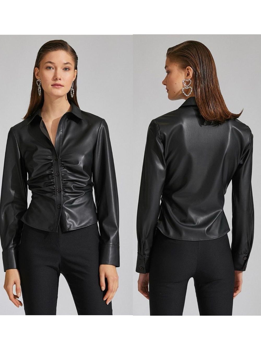Zara black ruched faux leather pleather button front shirt vegan Sz L